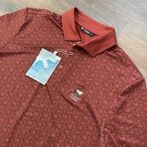NWT Levelwear Golf Polo Red Dog Print AOP Cabot Golf Club Men's Sz M Cape Breton